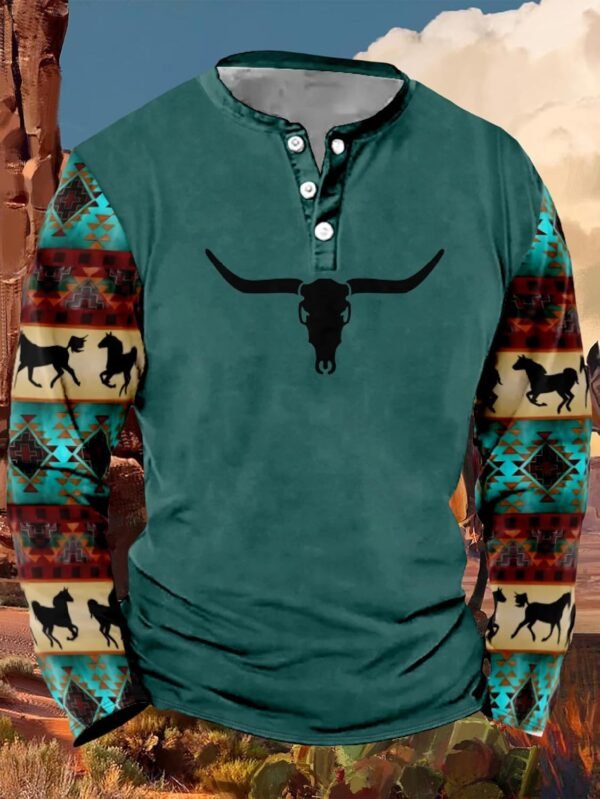 Mens Western Shirts Long Sleeve Aztec Button Down Henley Shi...