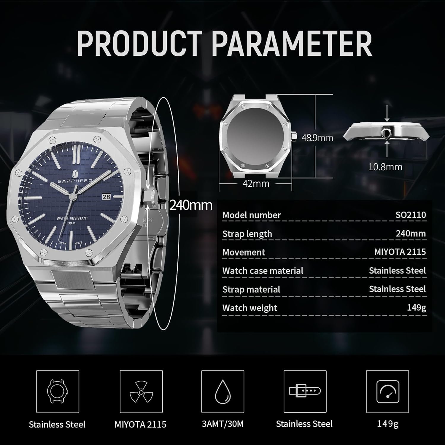 SAPPHERO Mens Watches Octagonal Stainless Steel 30M Waterpro... - Image 6