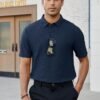 Men's Casual Short Sleeve Bubble Jacquard Polo Shirt Collare...