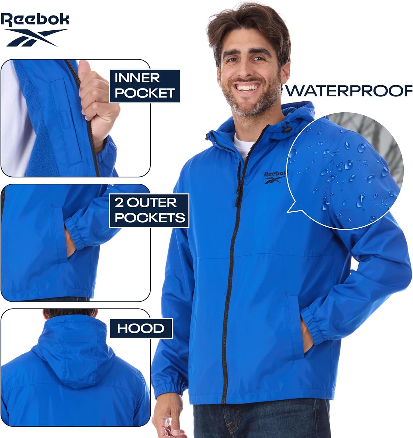 Reebok Rain Jacket Men with Hood, Windbreaker Men Lightweigh... - Image 6