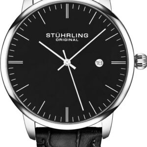Stuhrling Original Mens Black Watch Calfskin Leather Strap C...