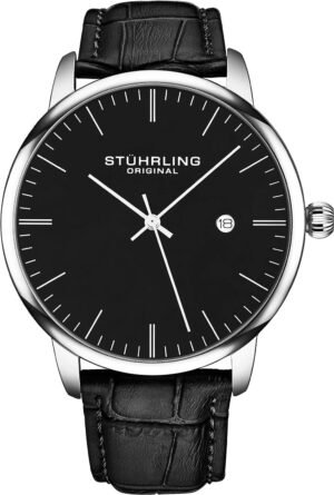Stuhrling Original Mens Black Watch Calfskin Leather Strap C...