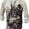 Men Retro Printed Henley Shirt Casual Long Sleeve V Neck Tee...