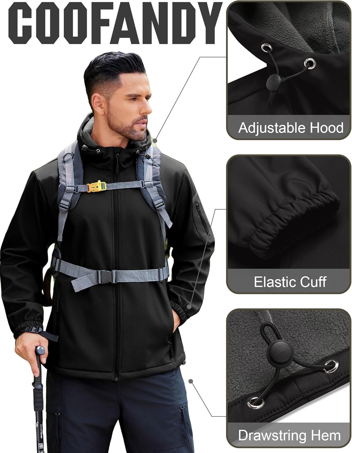 COOFANDY Men's Hooded Softshell Jacket Waterproof Fleece Lin... - Image 4