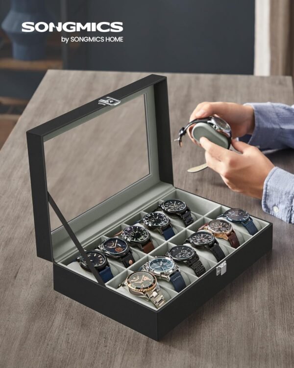 SONGMICS Watch Box, 12-Slot Watch Case with Large Glass Lid,...