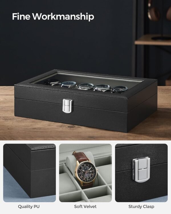 SONGMICS Watch Box, 12-Slot Watch Case with Large Glass Lid,...