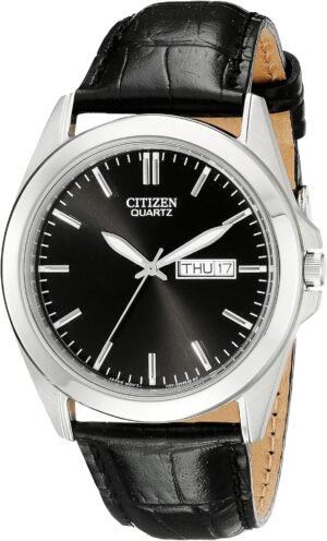 Citizen Quartz Mens Watch, Stainless Steel with Leather stra...
