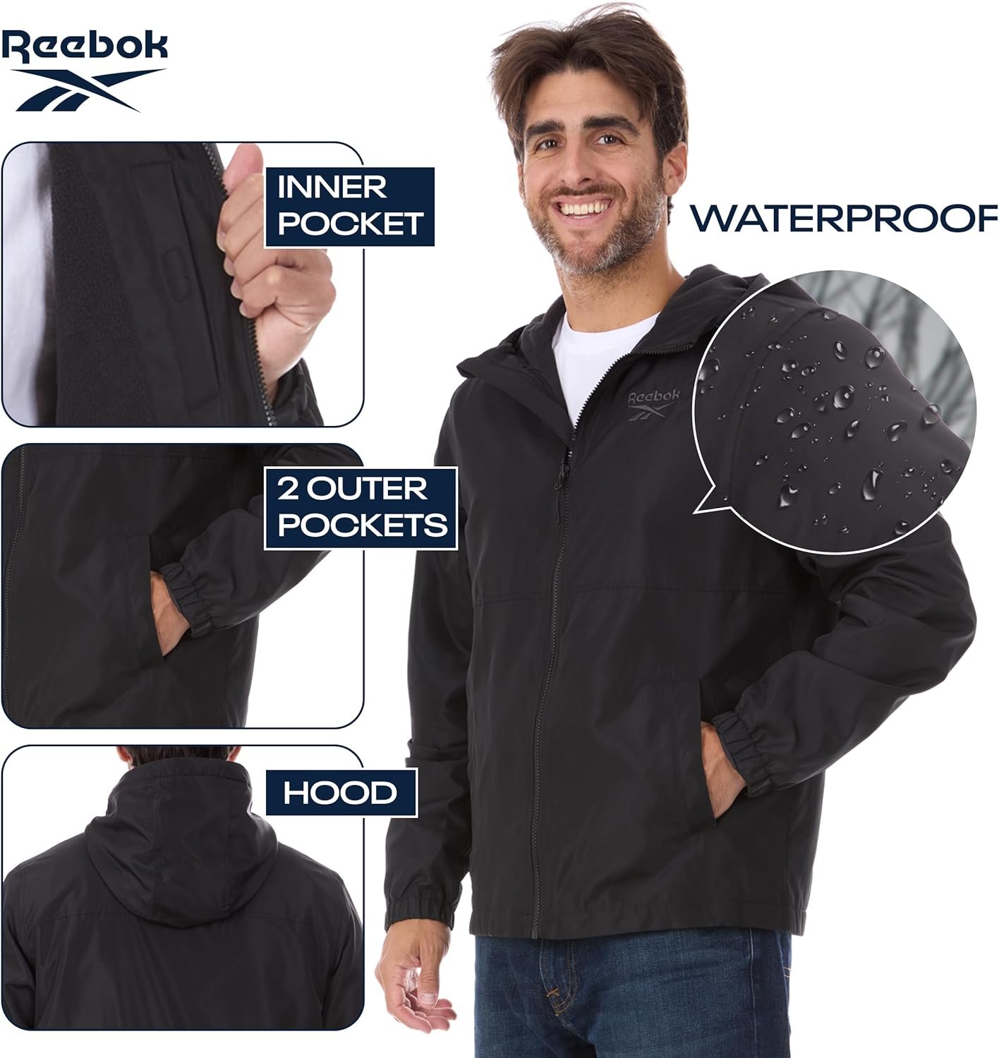 Reebok Rain Jacket Men with Hood, Windbreaker Men Lightweigh... - Image 6