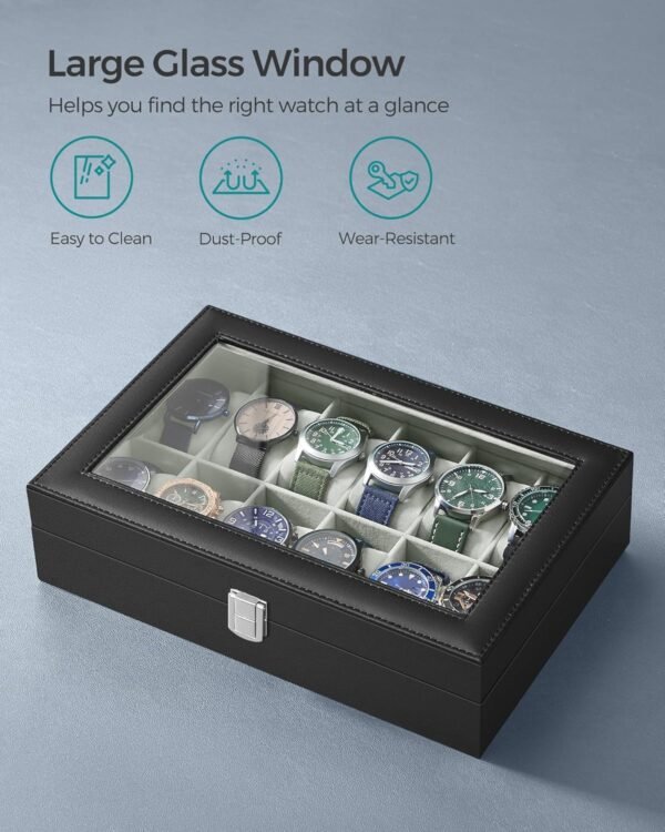 SONGMICS Watch Box, 12-Slot Watch Case with Large Glass Lid,...