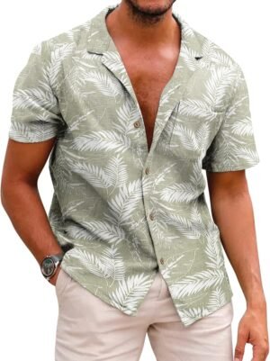COOFANDY Men's Hawaiian Floral Shirts Cotton Linen Button Do...