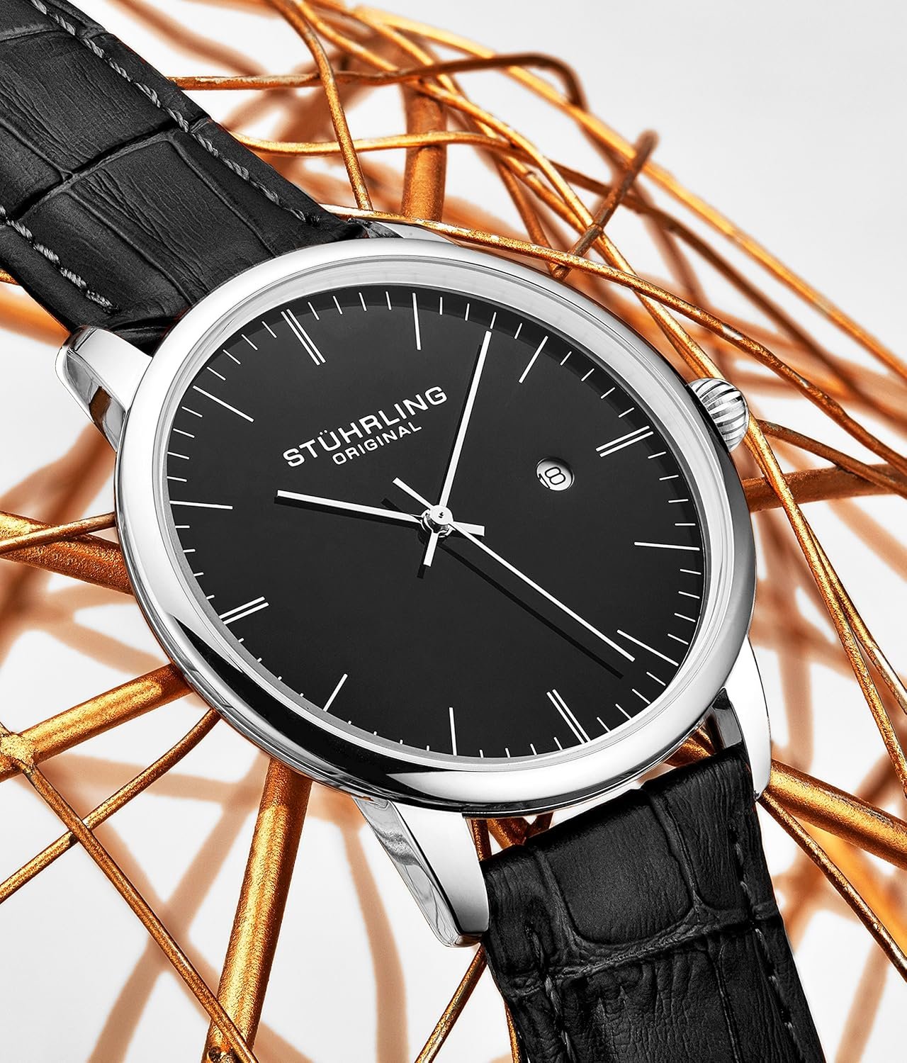 Stuhrling Original Mens Black Watch Calfskin Leather Strap C... - Image 4