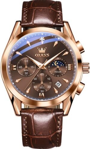 OLEVS Watches for Men Leather Watch Analog Quartz Luxury Chr...