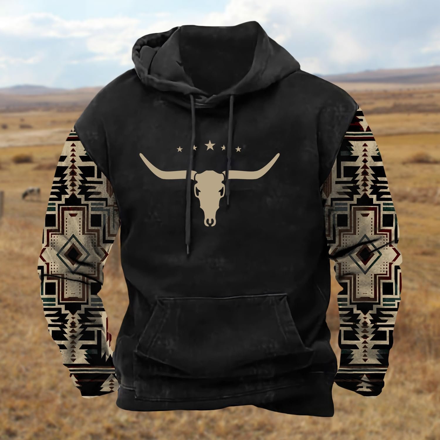 PORCLAY Mens Aztec Hoodie Western Cowboy Hooded Sweatshirt C... - Image 2