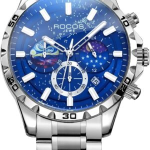 Watches for Men Moon Phase Blue Dial Steel Strap Waterproof ...