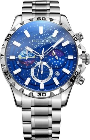 Watches for Men Moon Phase Blue Dial Steel Strap Waterproof ...