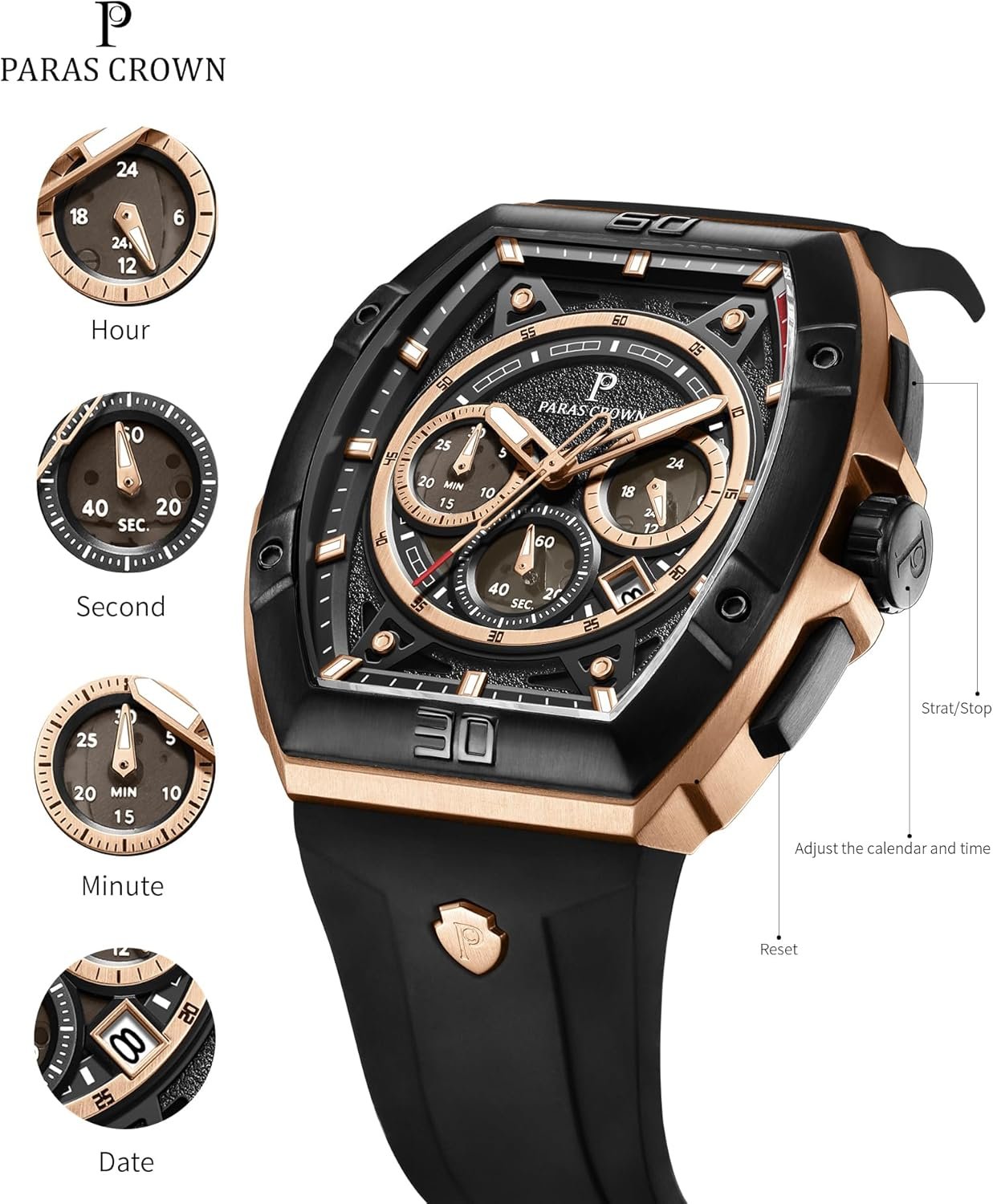 Paras Crown Watches for Men Tonneau 5ATM Waterproof Quartz L... - Image 3