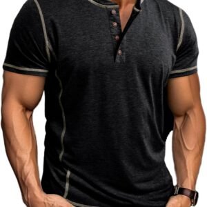 Mens Short Sleeve Henley Shirts Casual Button Tee Shirts Bas...