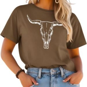 LETSEE Women's Cow Skull Western Rodeo Tops Shirt Boho Cowgi...