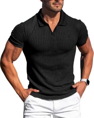 Collared Muscle Shirts for Men Ribbed Knit Slim Fit Polo Shi...