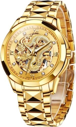 OLEVS Gold Watches for Men Luxury Automatic Dragon Skeleton ...