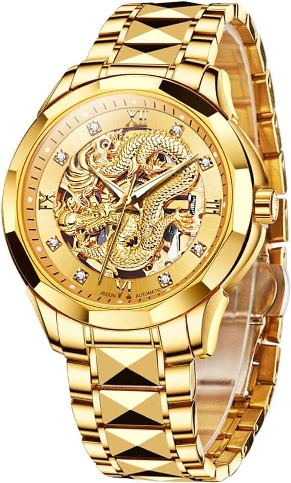 OLEVS Gold Watches for Men Luxury Automatic Dragon Skeleton ...