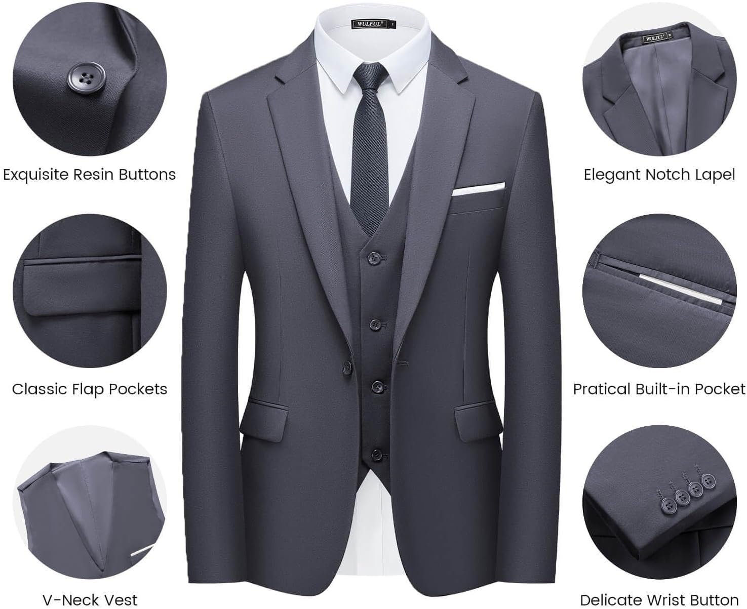 WULFUL Men’s Slim Fit Suit One Button 3-Piece Blazer Dress B... - Image 5