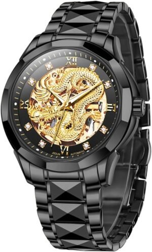 OLEVS Gold Watches for Men Luxury Automatic Dragon Skeleton ...