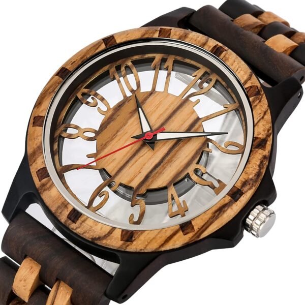 Brown Deep Black Ebony Zebra Wooden Quartz Men's Watch,Foldo...