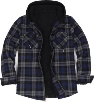 ZENTHACE Men's Sherpa Lined Full Zip Hooded Plaid Shirt Jack...