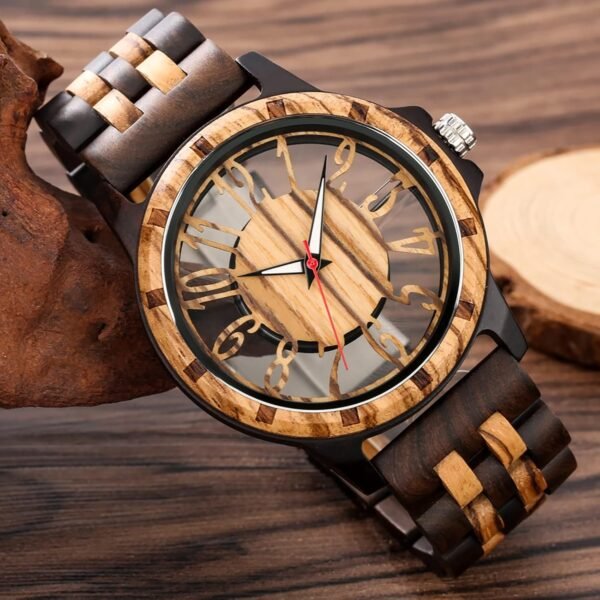Brown Deep Black Ebony Zebra Wooden Quartz Men's Watch,Foldo...