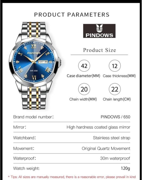PINDOWS Watches for Men Diamond Date Calendar Quartz Watches...