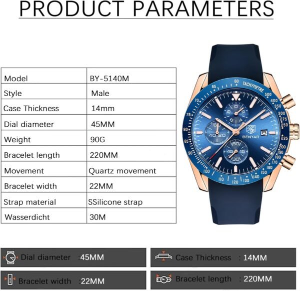 BENYAR Men's Watch Quartz Movement Chronograph 30M Waterproo...