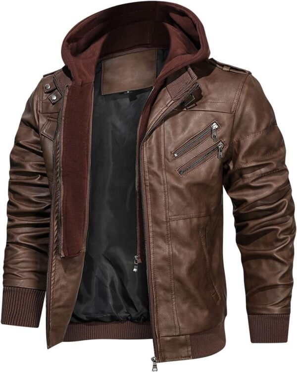 HOOD CREW Men’s Casual Stand Collar PU Faux Leather Zip-Up M...