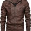 HOOD CREW Men’s Casual Stand Collar PU Faux Leather Zip-Up M...
