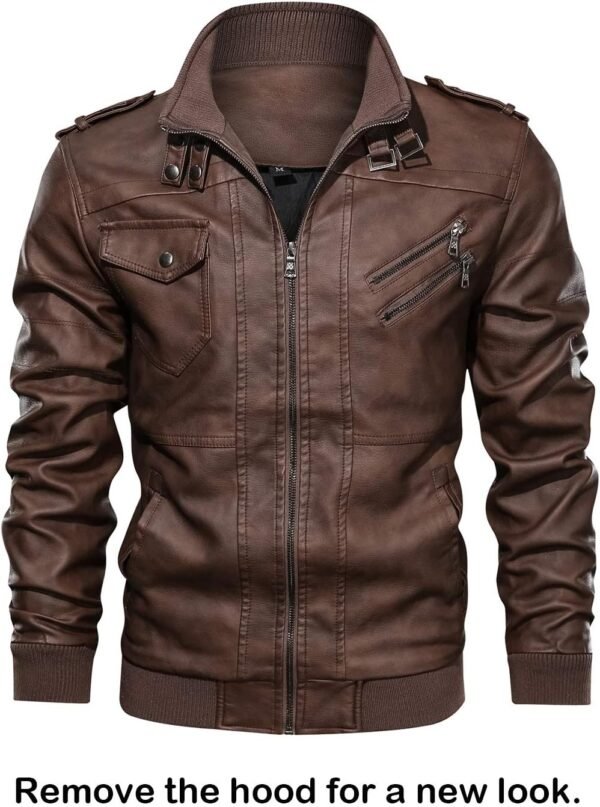 HOOD CREW Men’s Casual Stand Collar PU Faux Leather Zip-Up M...
