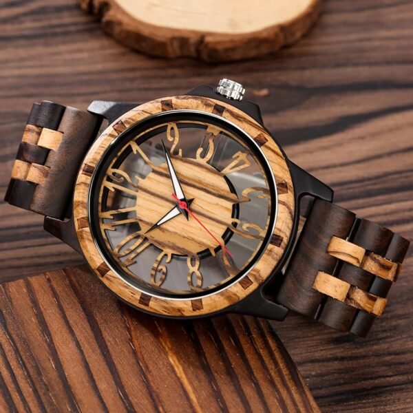 Brown Deep Black Ebony Zebra Wooden Quartz Men's Watch,Foldo...