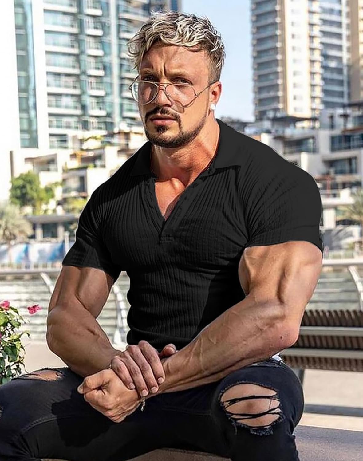 Collared Muscle Shirts for Men Ribbed Knit Slim Fit Polo Shi... - Image 7