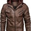 HOOD CREW Men’s Casual Stand Collar PU Faux Leather Zip-Up M...