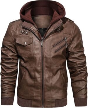 HOOD CREW Men’s Casual Stand Collar PU Faux Leather Zip-Up M...