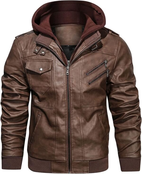 HOOD CREW Men’s Casual Stand Collar PU Faux Leather Zip-Up M...