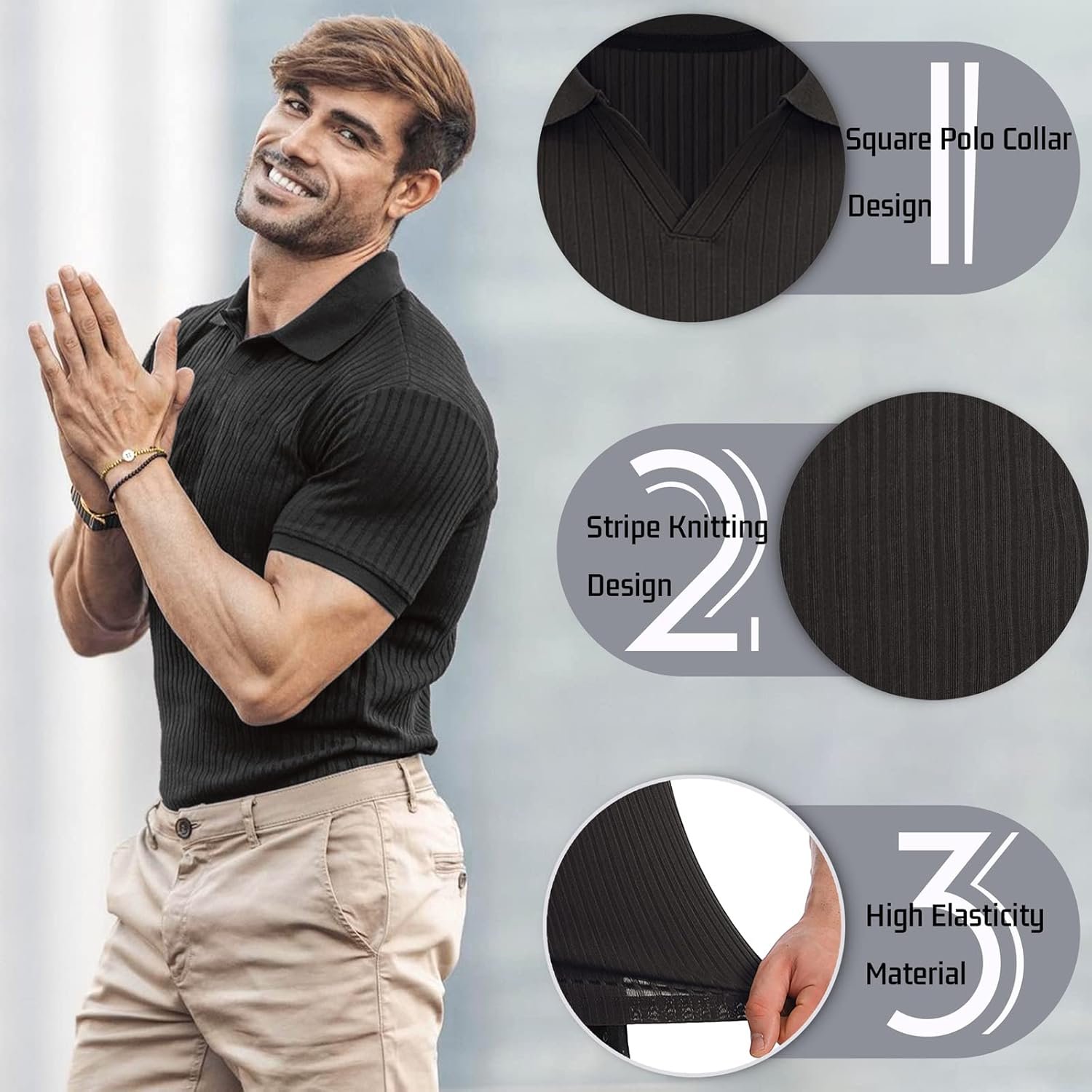 Collared Muscle Shirts for Men Ribbed Knit Slim Fit Polo Shi... - Image 2