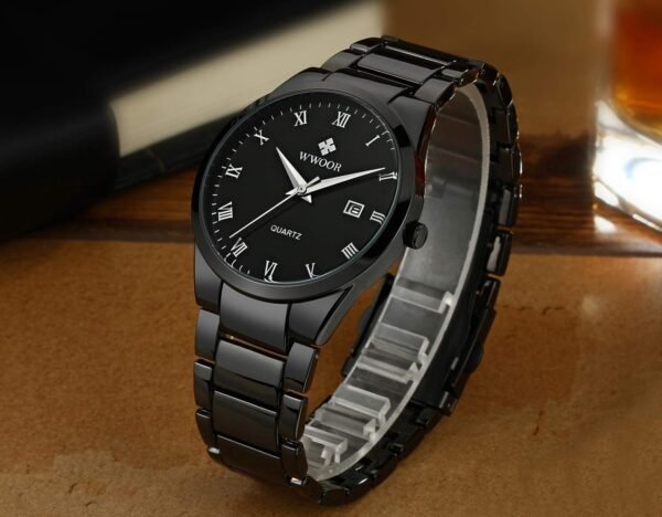 WWOOR Men's Quartz Stainless Steel and Metal Black and Gold ... - Image 4