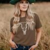 LETSEE Women's Cow Skull Western Rodeo Tops Shirt Boho Cowgi...