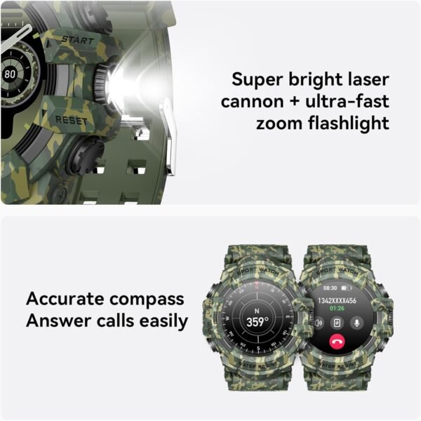 MIDDOW Military Smart Watch with Flashlight (Answer/Make Cal...
