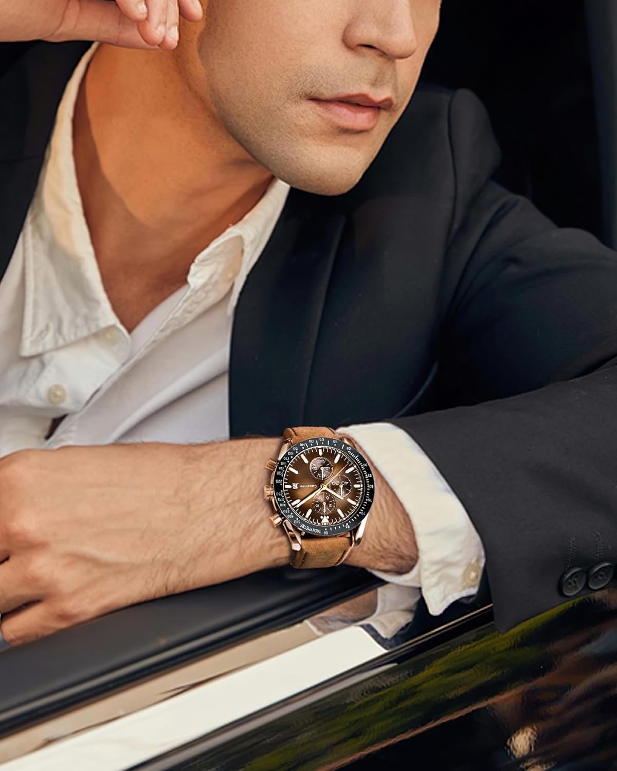 Men's Leather Band Chronograph Watch - 30M Waterproof Big Fa... - Image 2