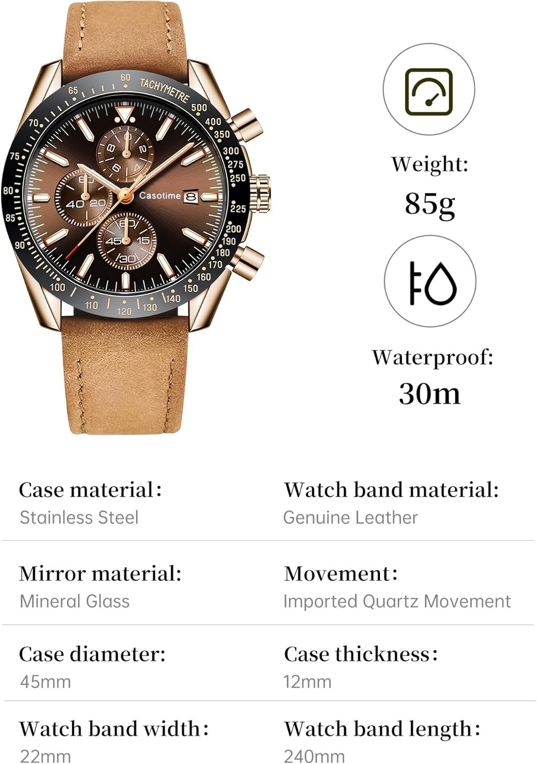 Men's Leather Band Chronograph Watch - 30M Waterproof Big Fa... - Image 7