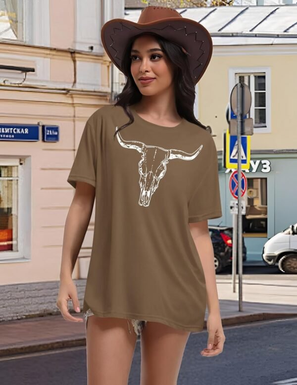 LETSEE Women's Cow Skull Western Rodeo Tops Shirt Boho Cowgi...