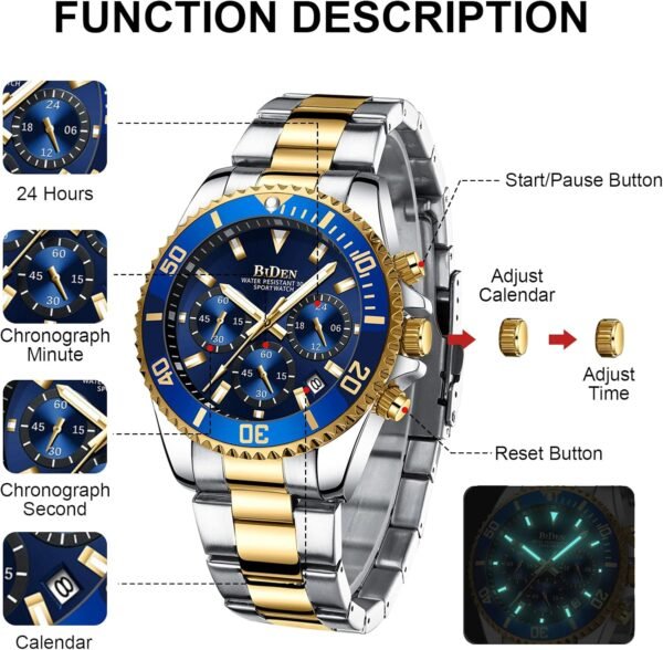 BIDEN Mens Watches Chronograph Stainless Steel Waterproof Da...