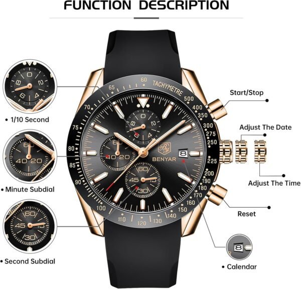 BENYAR Mens Watches Quartz Movement Chronograph Leather Stra...
