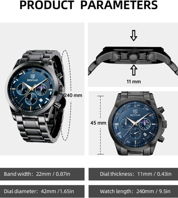 BENYAR Mens Watch Analog Quartz Movement Chronograph Stylish...